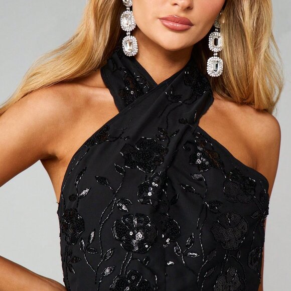 Black Cross Front Halter Women's Sequin Mini Backless Dress - Picture 5 of 6